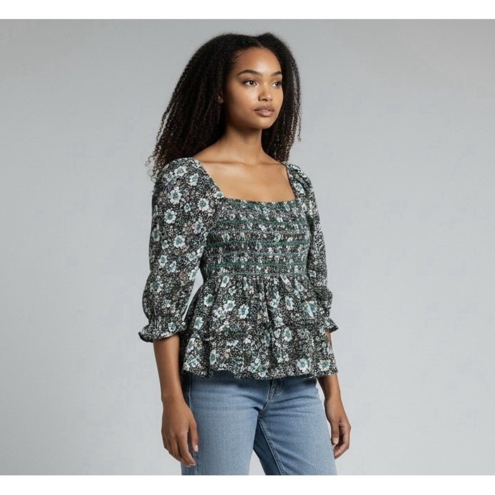 American Eagle Womens Floral Smocked Peasant Top M‎ Boho Cottagecore Puff Sleeve